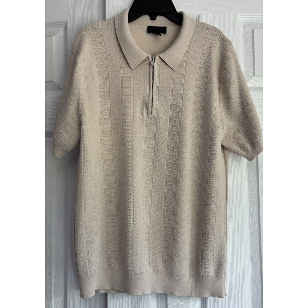 Magaschoni Men’s Creamy Beige Patterned Knit 1/4 Zip Collared Polo Shirt Size M